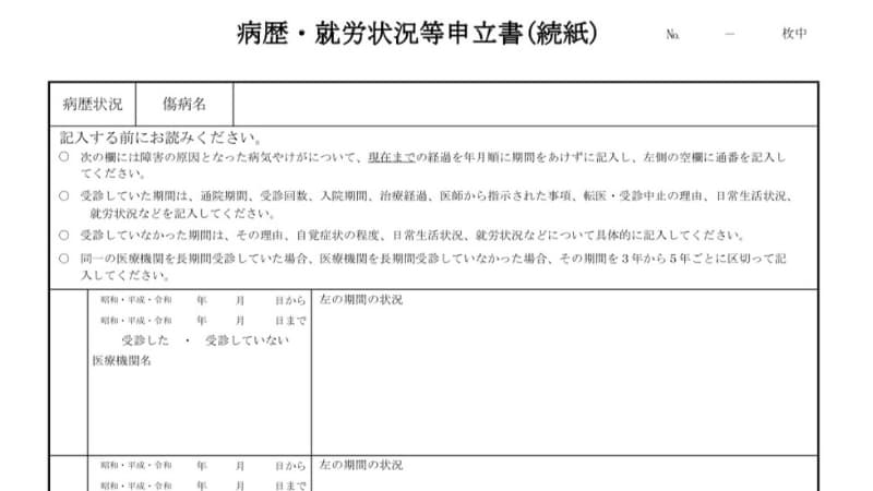 病歴・就労状況申立書続紙